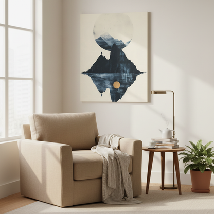 Modern Solitude Canvas Print: Mountain Reflection and Golden Sun