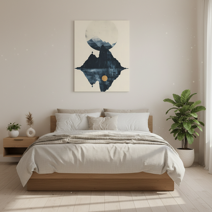 Modern Solitude Canvas Print: Mountain Reflection and Golden Sun
