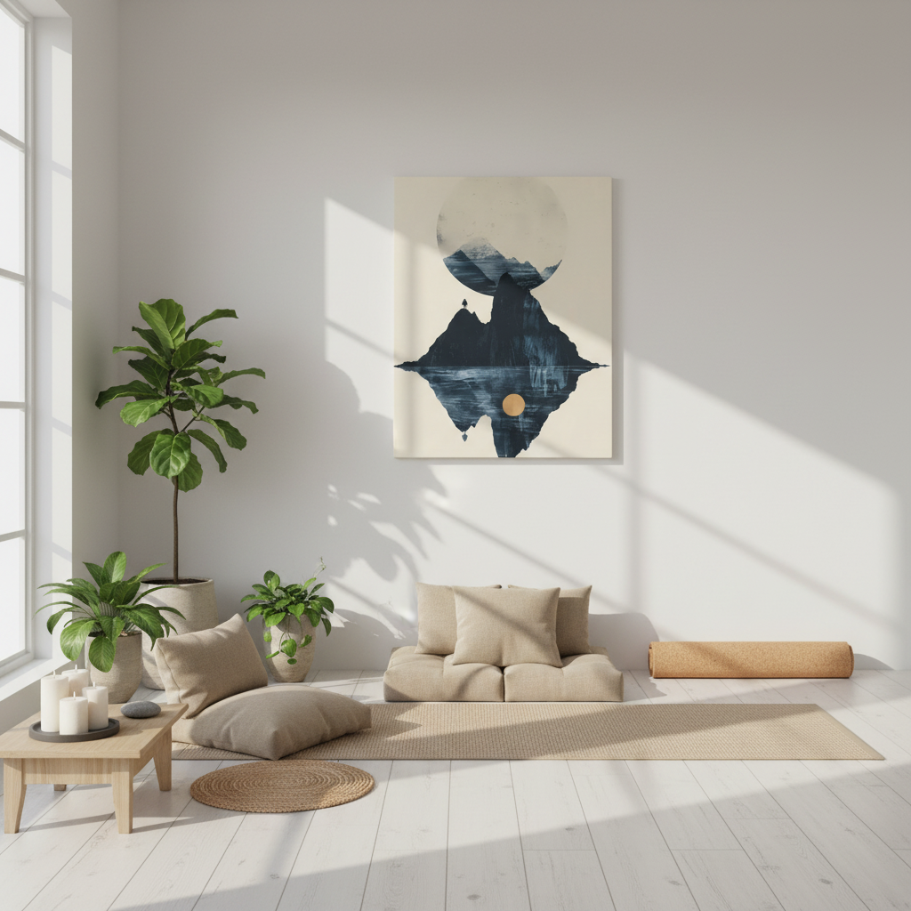 Modern Solitude Canvas Print: Mountain Reflection and Golden Sun