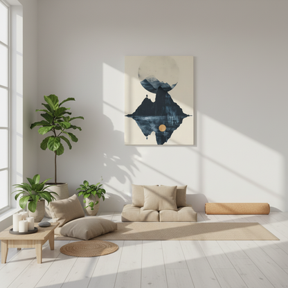 Modern Solitude Canvas Print: Mountain Reflection and Golden Sun