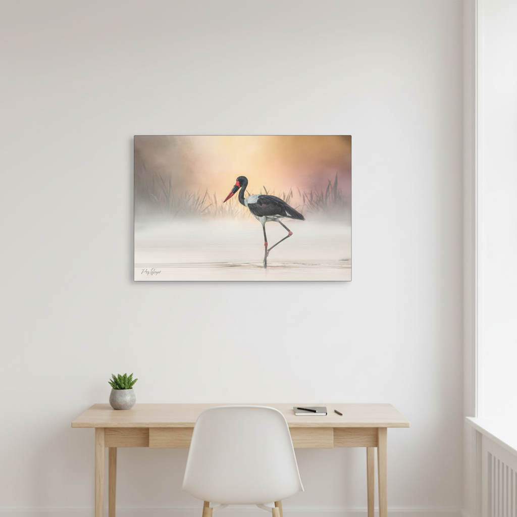 Saddle‑Billed Stork in the Mist – By Photographer Patsy Weingart