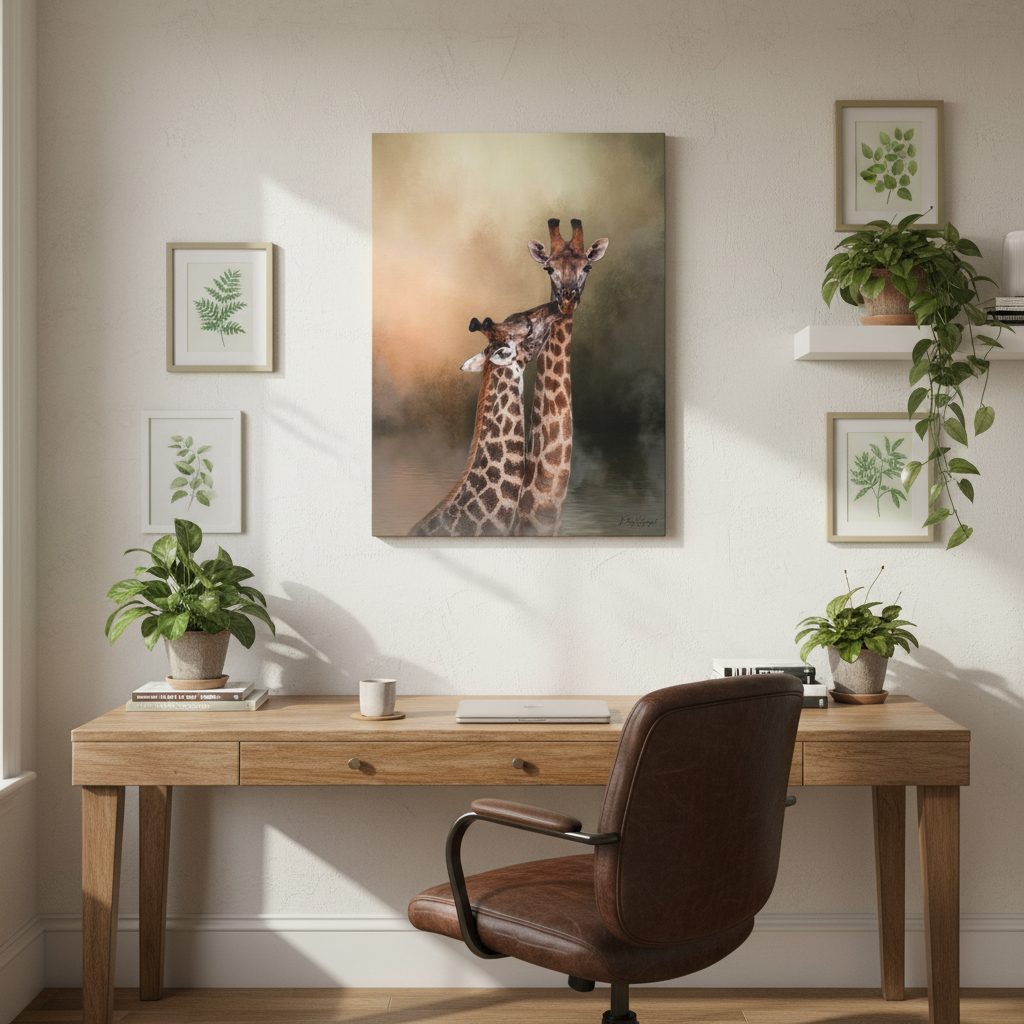 Grace at the Water’s Edge – African Giraffe Pair Canvas Print by Photographer Patsy Weingart