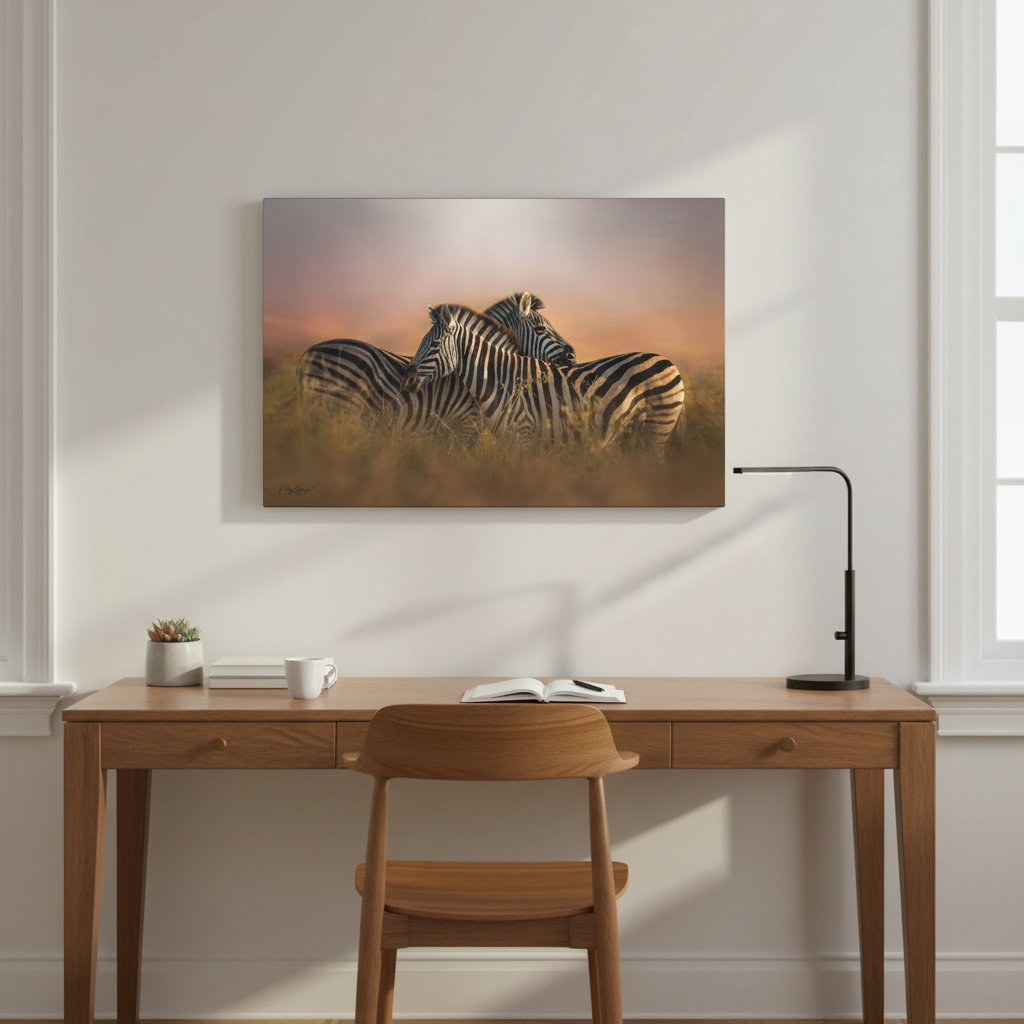 Crossed Zebras at Sunset – By Photographer Patsy Weingart