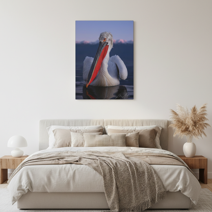 Pelican on Calm Water with Mountain Backdrop — By Photographer Lukas Andersen