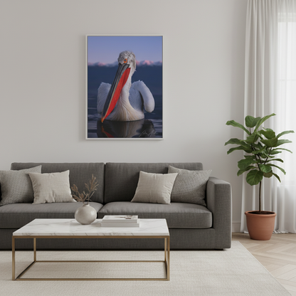 Pelican on Calm Water with Mountain Backdrop — By Photographer Lukas Andersen