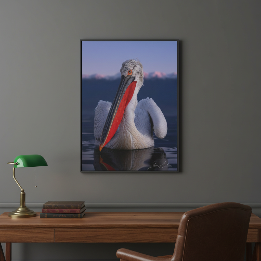 Pelican on Calm Water with Mountain Backdrop — By Photographer Lukas Andersen
