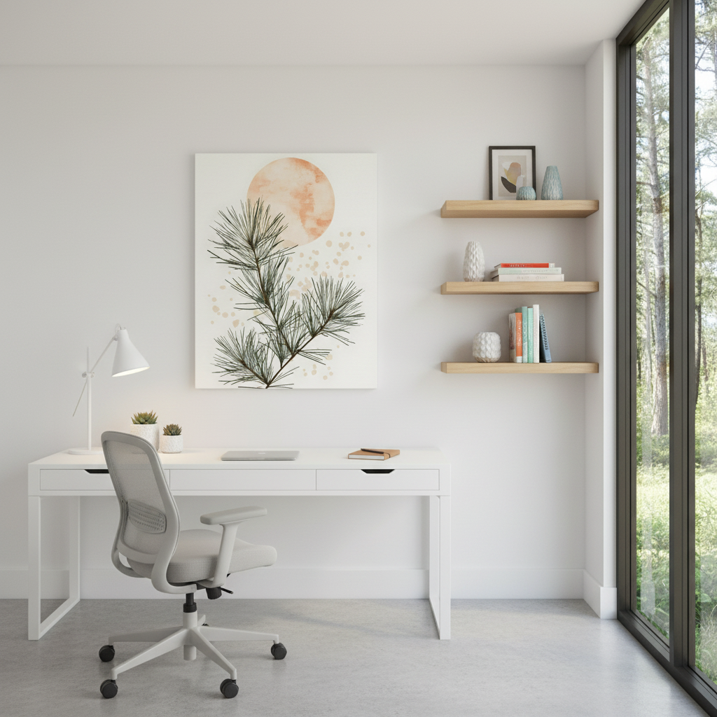 Botanical Pine Branch Canvas Print — Minimalist Pine Art with Warm Sun