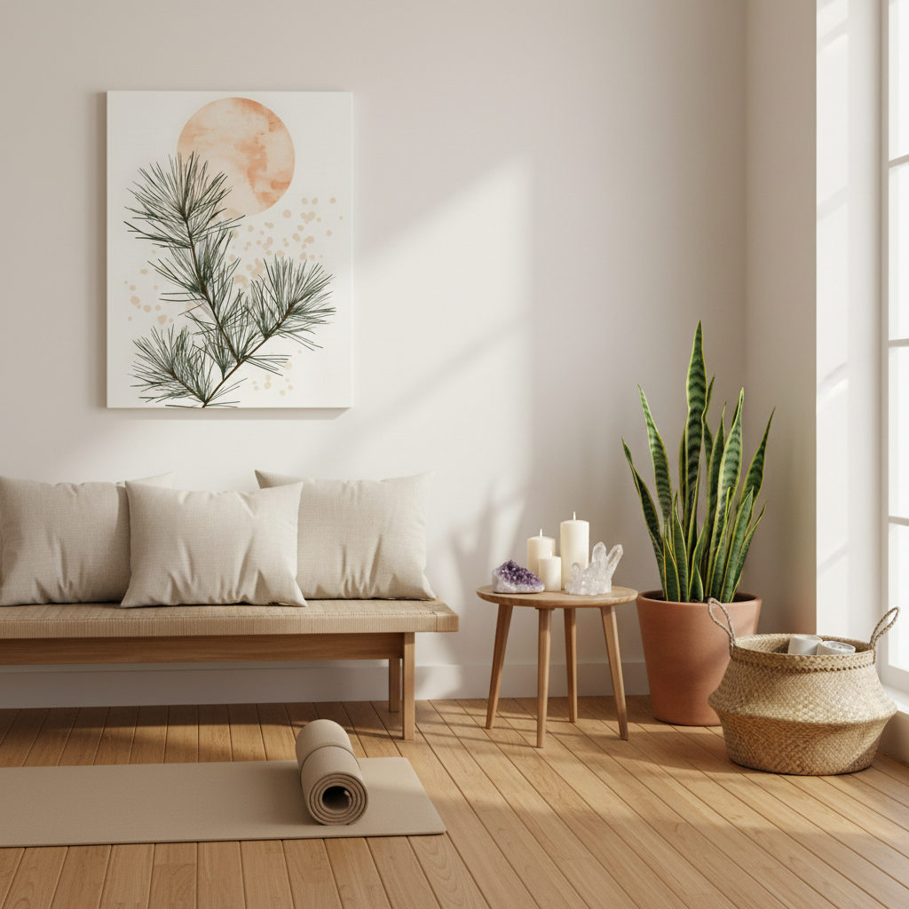 Botanical Pine Branch Canvas Print — Minimalist Pine Art with Warm Sun