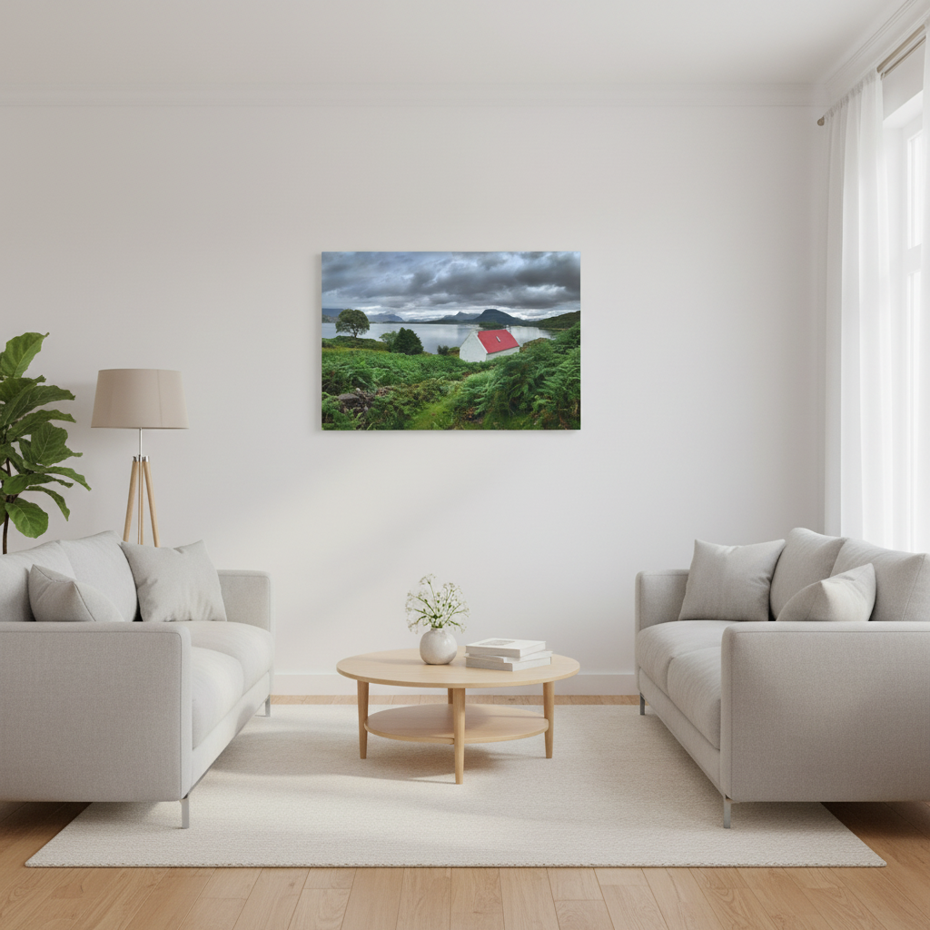 Red Roof Cottage at Loch Torridon – Canvas Print by Photographer Fergus King