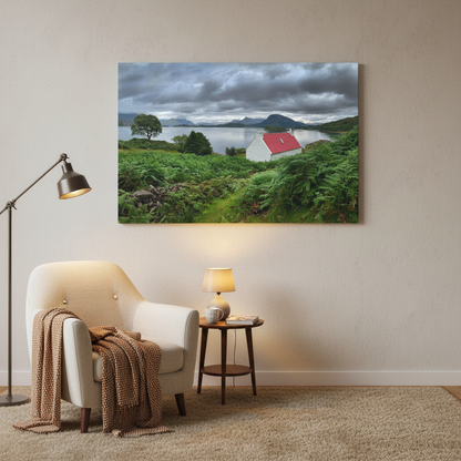 Red Roof Cottage at Loch Torridon – Canvas Print by Photographer Fergus King
