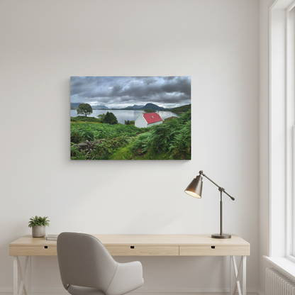 Red Roof Cottage at Loch Torridon – Canvas Print by Photographer Fergus King