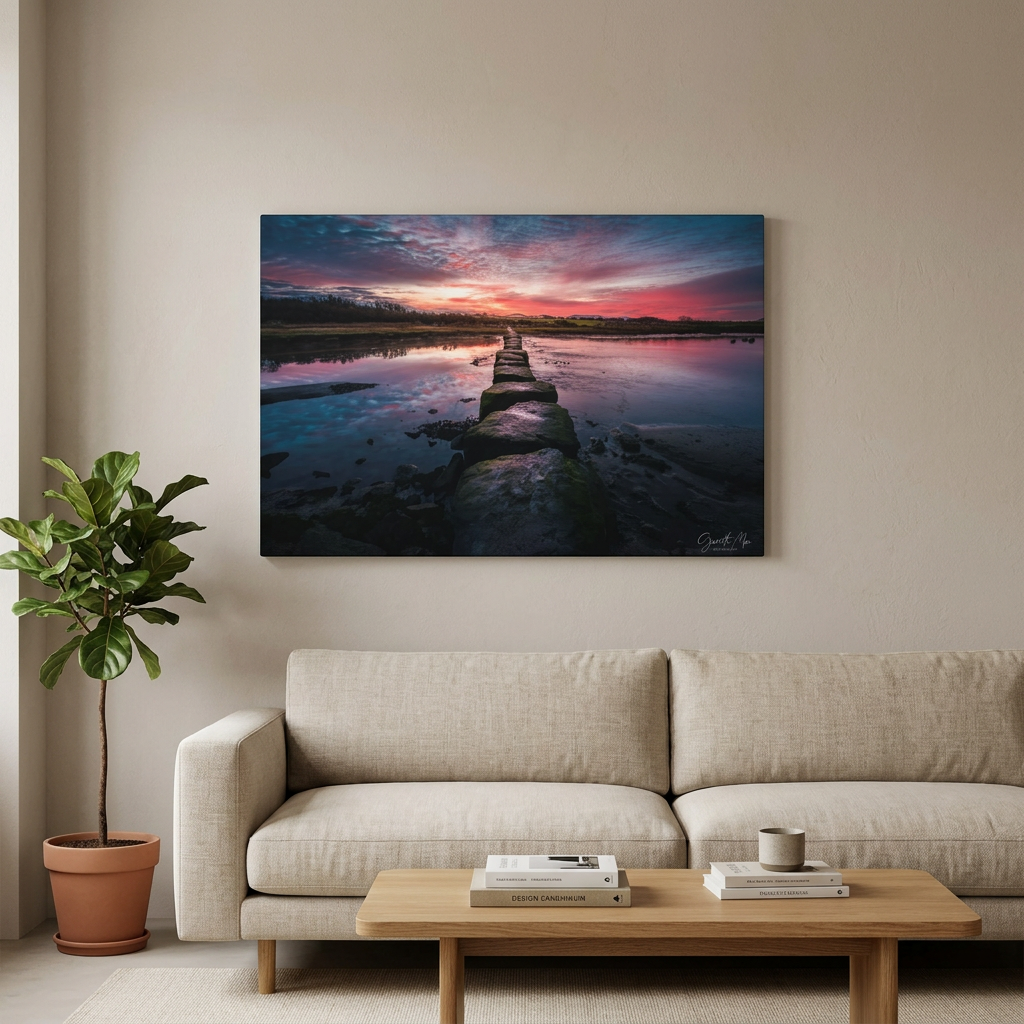 Afon Braint Ynys in November By Photographer Gareth Mon Jones | Autumn Sunset Over the Stepping Stones