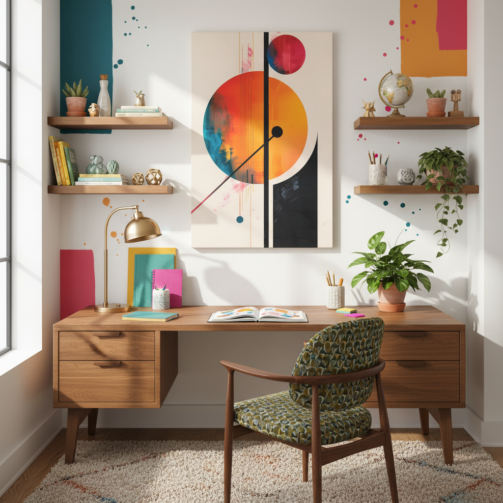 Abstract Geometric Canvas Art — Colorful Retro Sun & Planets Matte Stretched Canvas