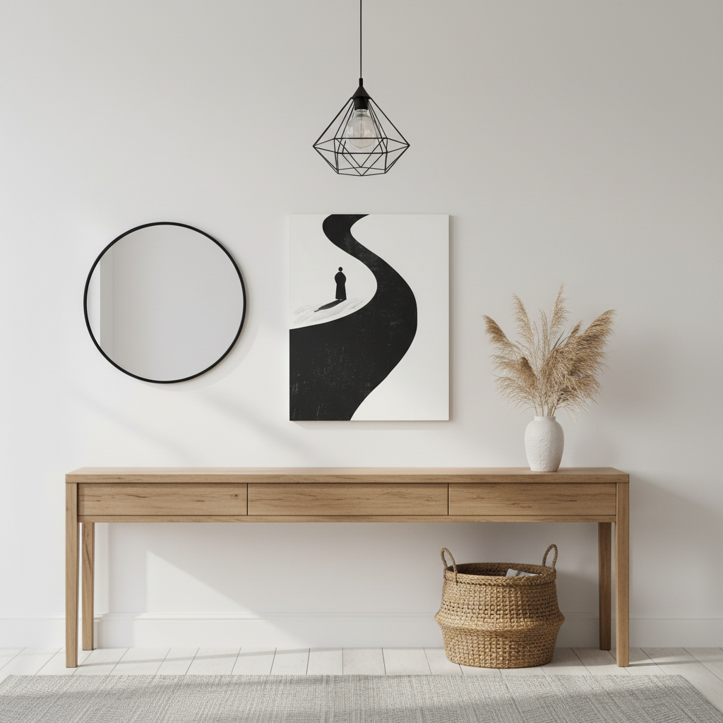 Minimalist Black & White Canvas Art — Solitary Figure on Winding Path