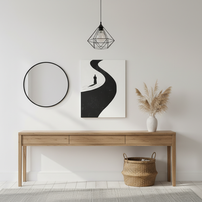 Minimalist Black & White Canvas Art — Solitary Figure on Winding Path