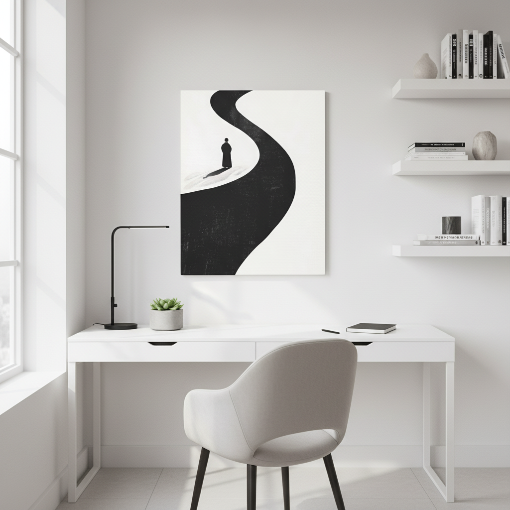 Minimalist Black & White Canvas Art — Solitary Figure on Winding Path
