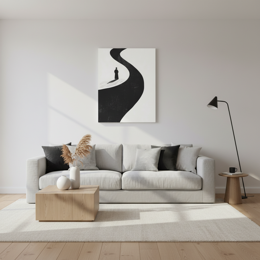 Minimalist Black & White Canvas Art — Solitary Figure on Winding Path