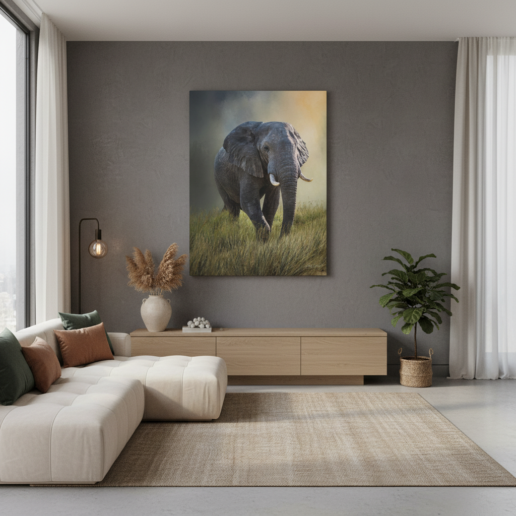 Majestic Presence – Male Elephant in Long Grass by Photographer Patsy Weingart