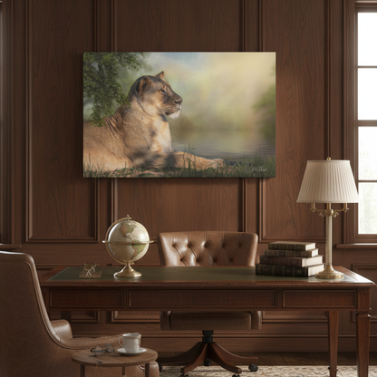 Resting Lioness by the Water – African Wildlife Canvas Print by Photographer Patsy Weingart