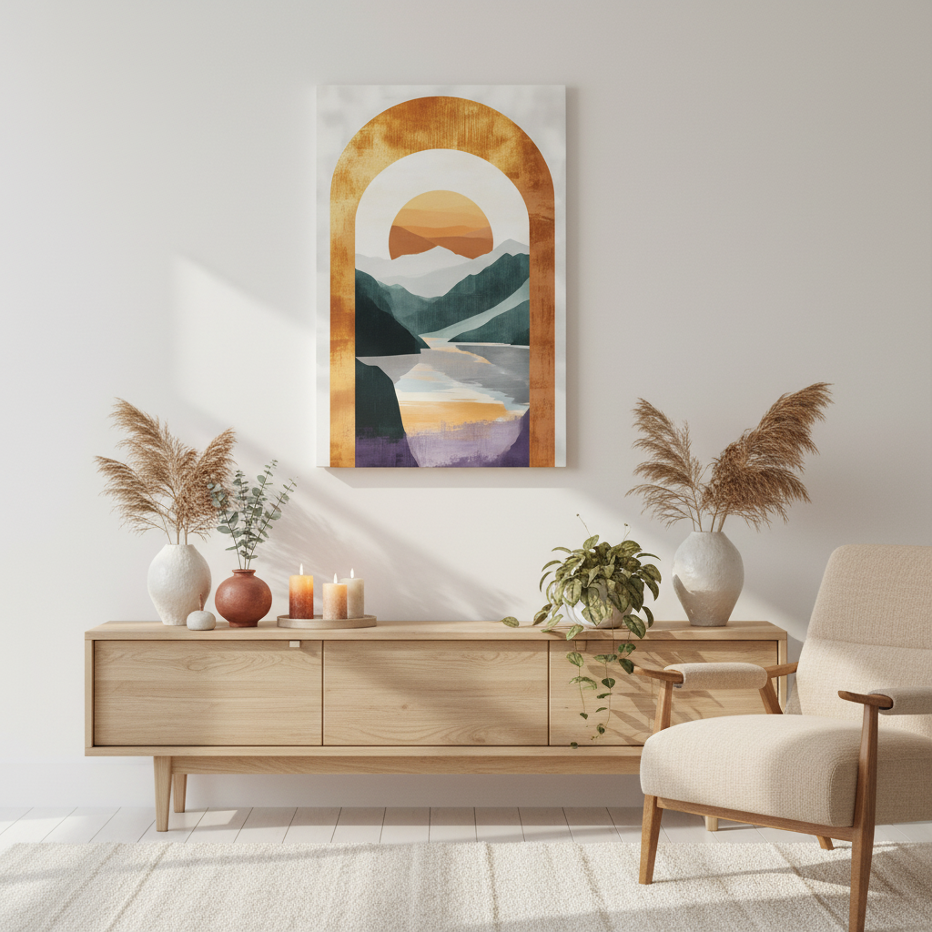 Sunset Arch Landscape Canvas Print — Abstract Mountain Lake Wall Art