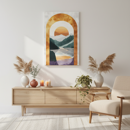 Sunset Arch Landscape Canvas Print — Abstract Mountain Lake Wall Art
