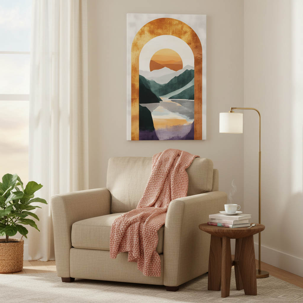 Sunset Arch Landscape Canvas Print — Abstract Mountain Lake Wall Art