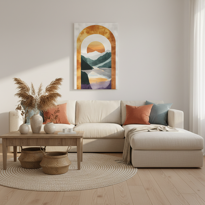 Sunset Arch Landscape Canvas Print — Abstract Mountain Lake Wall Art